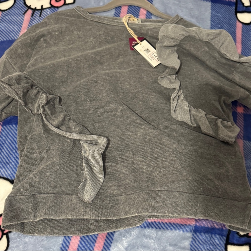 Poof! Gray Crew Neck Sweater with Ruffle Detail